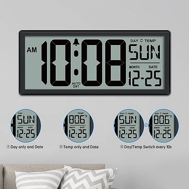 14.5'' Large Digital Wall Clock Battery Operated with Temperature Date Auto DST