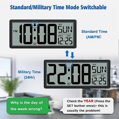 14.5'' Large Digital Wall Clock Battery Operated with Temperature Date Auto DST