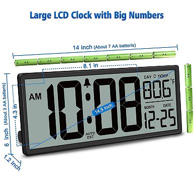 14.5'' Large Digital Wall Clock Battery Operated with Temperature Date Auto DST