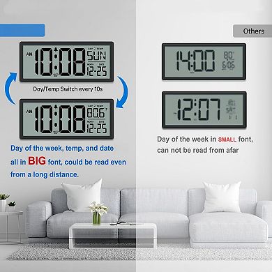 14.5'' Large Digital Wall Clock Battery Operated with Temperature Date Auto DST
