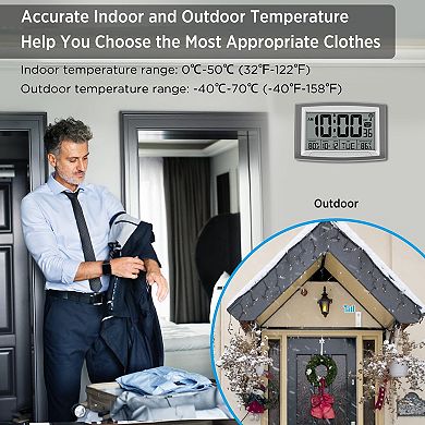 Atomic Clock Indoor Outdoor Temperature 12.5 Inch Digital Wall Desk Clock Self-Setting Large Display