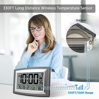 Atomic Clock Indoor Outdoor Temperature 12.5 Inch Digital Wall Desk Clock Self-Setting Large Display