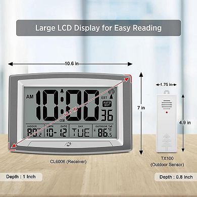 Atomic Clock Indoor Outdoor Temperature 12.5 Inch Digital Wall Desk Clock Self-Setting Large Display
