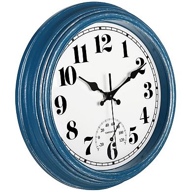 12 Inch Retro Waterproof Wall Clock with Thermometer Silent Quartz Indoor Outdoor Kitchen Patio Bath