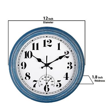 12 Inch Retro Waterproof Wall Clock with Thermometer Silent Quartz Indoor Outdoor Kitchen Patio Bath