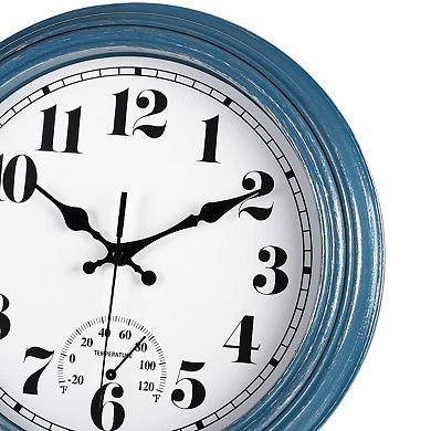 12 Inch Retro Waterproof Wall Clock with Thermometer Silent Quartz Indoor Outdoor Kitchen Patio Bath