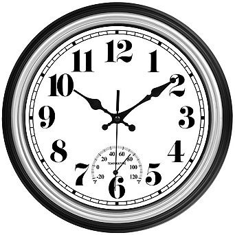 12 Inch Retro Waterproof Wall Clock with Thermometer Silent Quartz Indoor Outdoor Kitchen Patio Bath