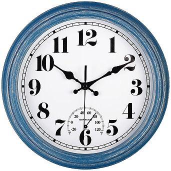 12 Inch Retro Waterproof Wall Clock with Thermometer Silent Quartz Indoor Outdoor Kitchen Patio Bath