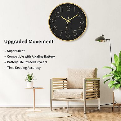 Wall Clock 12 Inch Silent Non-ticking Quartz Modern For Living Room Kitchen Bedroom Office