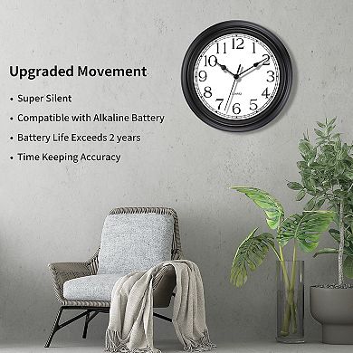Silent Non-Ticking 12 Inch Round Classic Retro Quartz Wall Clock for Living Room Kitchen Home