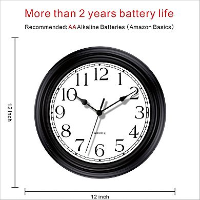 Silent Non-Ticking 12 Inch Round Classic Retro Quartz Wall Clock for Living Room Kitchen Home