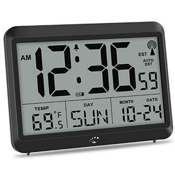 Atomic Digital Wall Clock Self-Setting Large Display Temperature Date Day 4 Time Zones DST Alarm