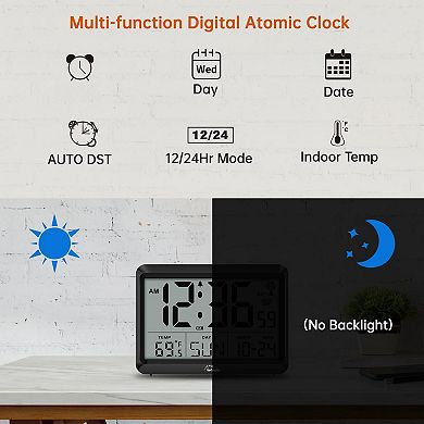 Atomic Digital Wall Clock Self-Setting Large Display Temperature Date Day 4 Time Zones DST Alarm