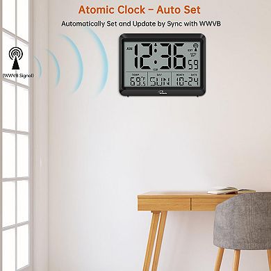 Atomic Digital Wall Clock Self-Setting Large Display Temperature Date Day 4 Time Zones DST Alarm