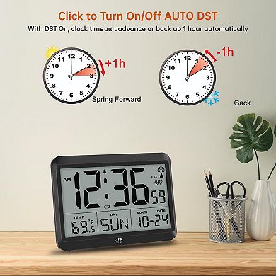 Atomic Digital Wall Clock Self-Setting Large Display Temperature Date Day 4 Time Zones DST Alarm