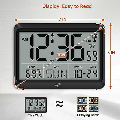 Atomic Digital Wall Clock Self-Setting Large Display Temperature Date Day 4 Time Zones DST Alarm