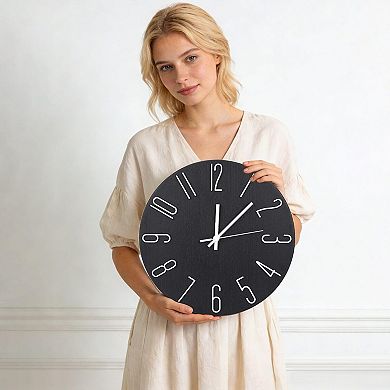 Wall Clock 12 Inch Silent Non-Ticking Wood Grain Round Quartz Clock 3D Dial Home Office Decor