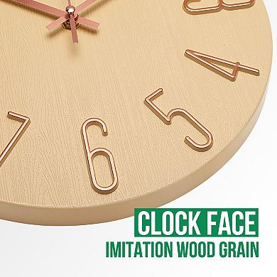 Wall Clock 12 Inch Silent Non-Ticking Wood Grain Round Quartz Clock 3D Dial Home Office Decor