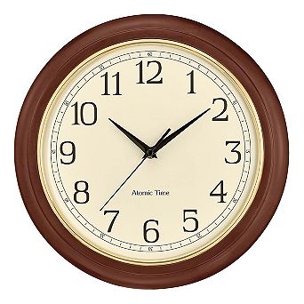 Atomic Time Analog Wall Clock 12.4" Wooden Frame Quartz Movement Auto Daylight Saving Time Battery
