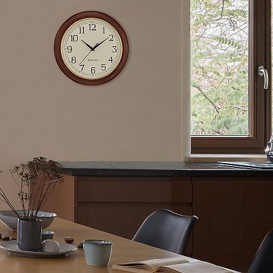 Atomic Time Analog Wall Clock 12.4" Wooden Frame Quartz Movement Auto Daylight Saving Time Battery