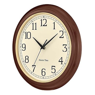 Atomic Time Analog Wall Clock 12.4" Wooden Frame Quartz Movement Auto Daylight Saving Time Battery