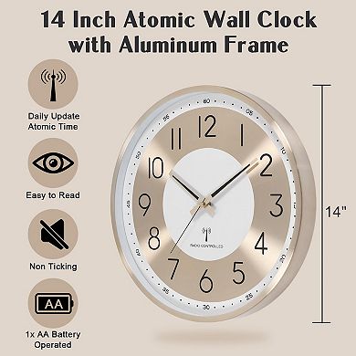 Atomic Analog Wall Clock 14 Inch Radio Controlled WWVB Auto Set Aluminum Frame Large Numbers Living