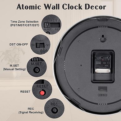 Atomic Analog Wall Clock 14 Inch Radio Controlled WWVB Auto Set Aluminum Frame Large Numbers Living