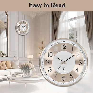 Atomic Analog Wall Clock 14 Inch Radio Controlled WWVB Auto Set Aluminum Frame Large Numbers Living