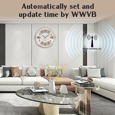 Atomic Analog Wall Clock 14 Inch Radio Controlled WWVB Auto Set Aluminum Frame Large Numbers Living
