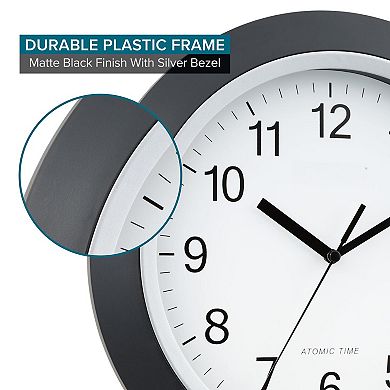 12 Inch Atomic Analog Wall Clock Black Radio Controlled Self-Setting WWVB Time Zone Daylight