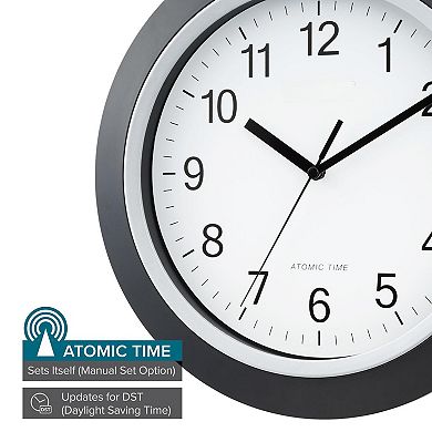 12 Inch Atomic Analog Wall Clock Black Radio Controlled Self-Setting WWVB Time Zone Daylight