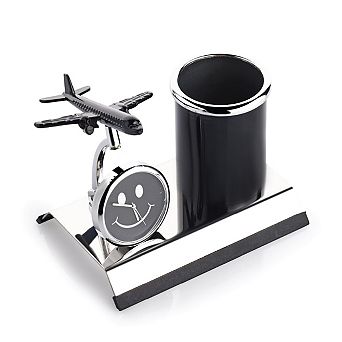 Aeroplane Metal Pen Stand With Clock Desk Organizer Pencil Holder Office Decor