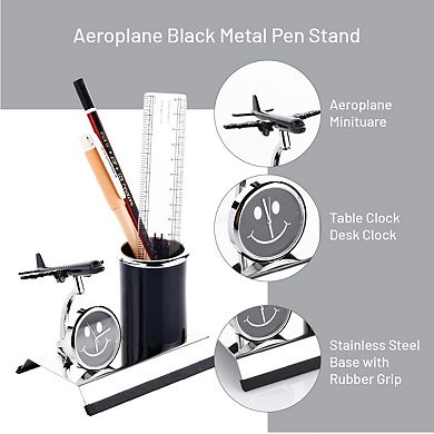 Aeroplane Metal Pen Stand With Clock Desk Organizer Pencil Holder Office Decor