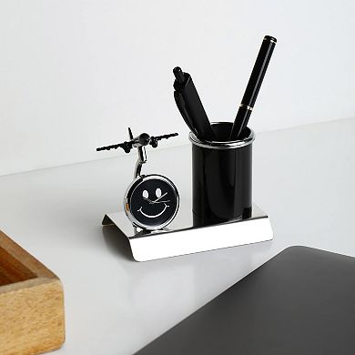 Aeroplane Metal Pen Stand With Clock Desk Organizer Pencil Holder Office Decor