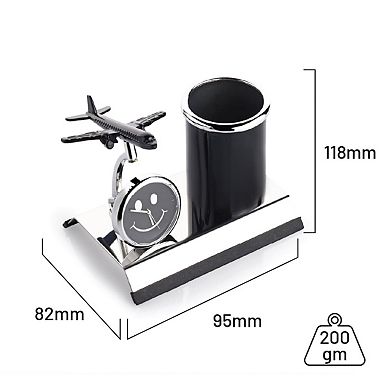 Aeroplane Metal Pen Stand With Clock Desk Organizer Pencil Holder Office Decor
