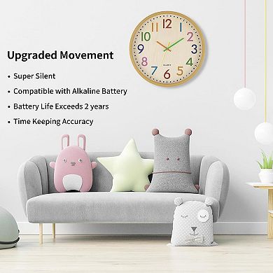 14 Inch Silent Wall Clock Colorful Non-ticking Battery Operated for Classroom Bedroom Playroom