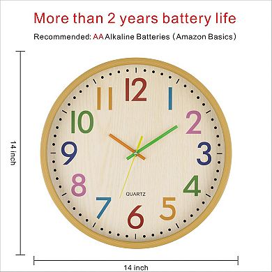 14 Inch Silent Wall Clock Colorful Non-ticking Battery Operated for Classroom Bedroom Playroom