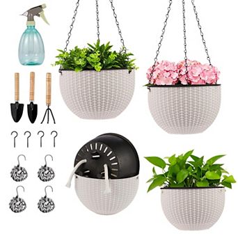 4 Sets 8.2 Inch Self Watering Hanging Planter Pots Indoor Outdoor with Chains Spray Bottles Tools