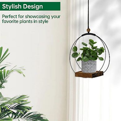 Hanging Planter Indoor Plants Black Plant Hanger Wood Base Modern Boho Macrame 3-5.5 Inch Pot Wall