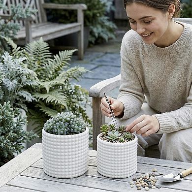 6 Inch Ceramic Round Planter Pot Set of 2 Vintage White Indoor Textured Succulent Containers