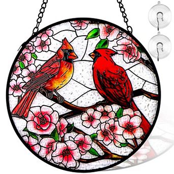 Cardinal Stained Glass Suncatcher 6 Inch Window Hanging Sun Catcher Panel Metal Chain Hooks Indoor