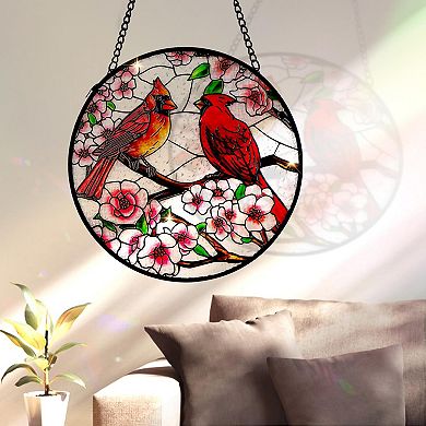 Cardinal Stained Glass Suncatcher 6 Inch Window Hanging Sun Catcher Panel Metal Chain Hooks Indoor