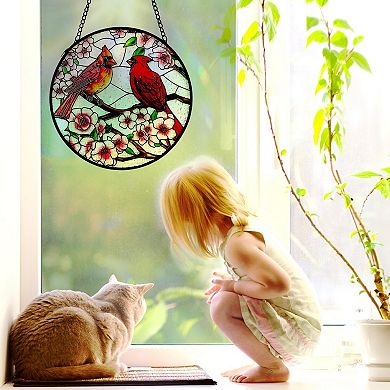 Cardinal Stained Glass Suncatcher 6 Inch Window Hanging Sun Catcher Panel Metal Chain Hooks Indoor