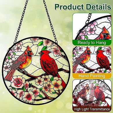 Cardinal Stained Glass Suncatcher 6 Inch Window Hanging Sun Catcher Panel Metal Chain Hooks Indoor
