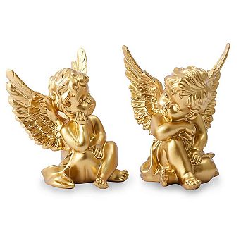 Set of 2 Cherub Angel Statues 4" Resin Sculpture Indoor Outdoor Memorial Decor