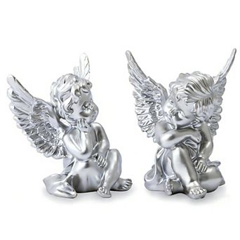 Set of 2 Cherub Angel Statues 4" Resin Sculpture Indoor Outdoor Memorial Decor