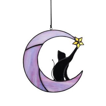 Black Cat on Moon Stained Glass Suncatcher 6.5" Window Hanging Wall Art Memorial Gift