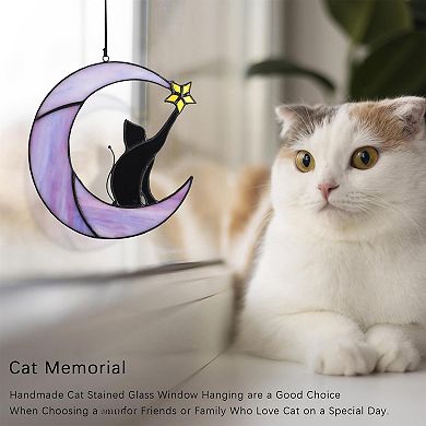 Black Cat on Moon Stained Glass Suncatcher 6.5" Window Hanging Wall Art Memorial Gift