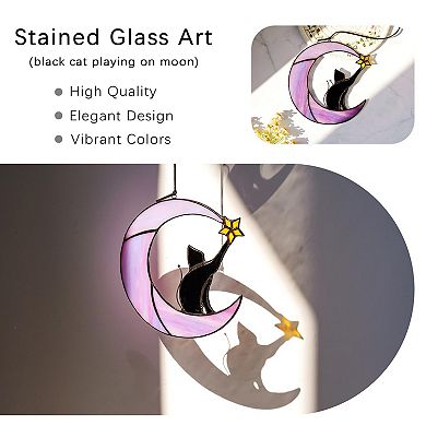 Black Cat on Moon Stained Glass Suncatcher 6.5" Window Hanging Wall Art Memorial Gift