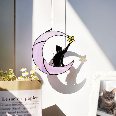 Black Cat on Moon Stained Glass Suncatcher 6.5" Window Hanging Wall Art Memorial Gift